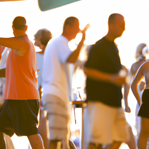 אנשים רוקדים ונהנים ממשקאות בבר תוסס על החוף